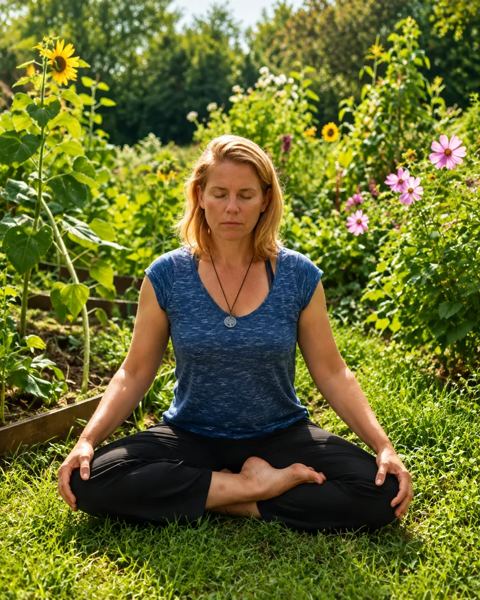 Anne-Catherine Blanpain, professeure de Yoga Parinama — Hatha Raja Yoga à Jodoigne, assise en méditation dans un jardin
