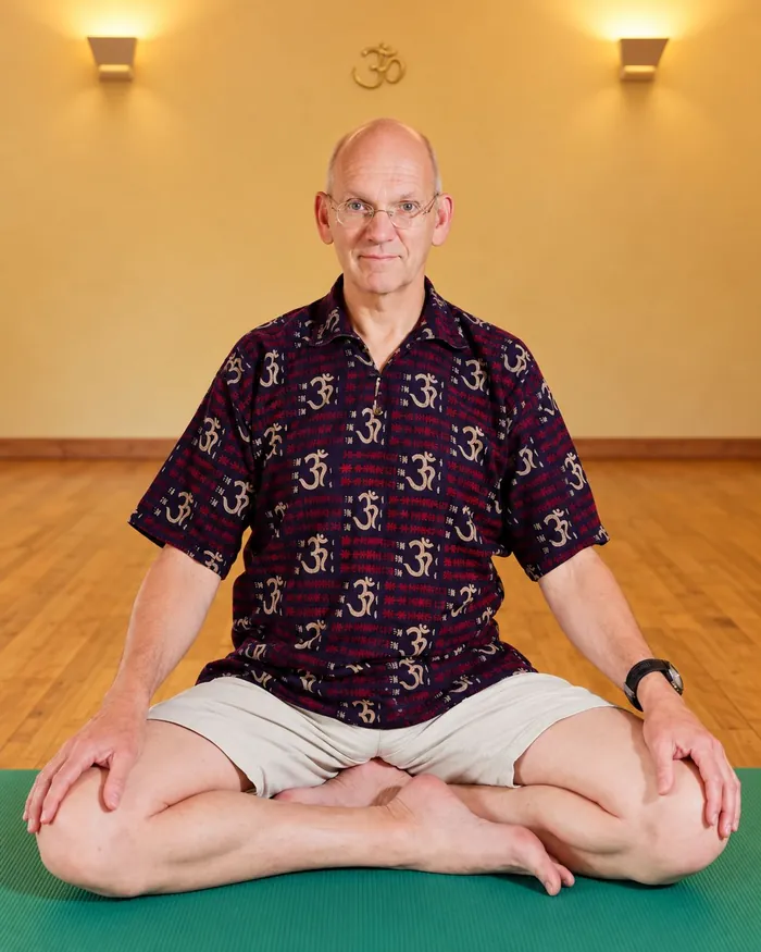 Thierry Van Brabant, assis en lotus sur un tapis de yoga dans la salle, chemise ornée de symboles Om