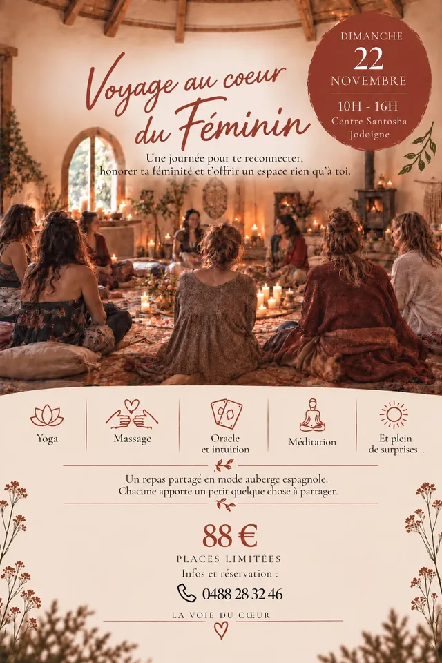 Affiche — Voyage au Cœur du Féminin, dimanche 22 novembre 2026, 10h–16h, Centre Santosha, Jodoigne